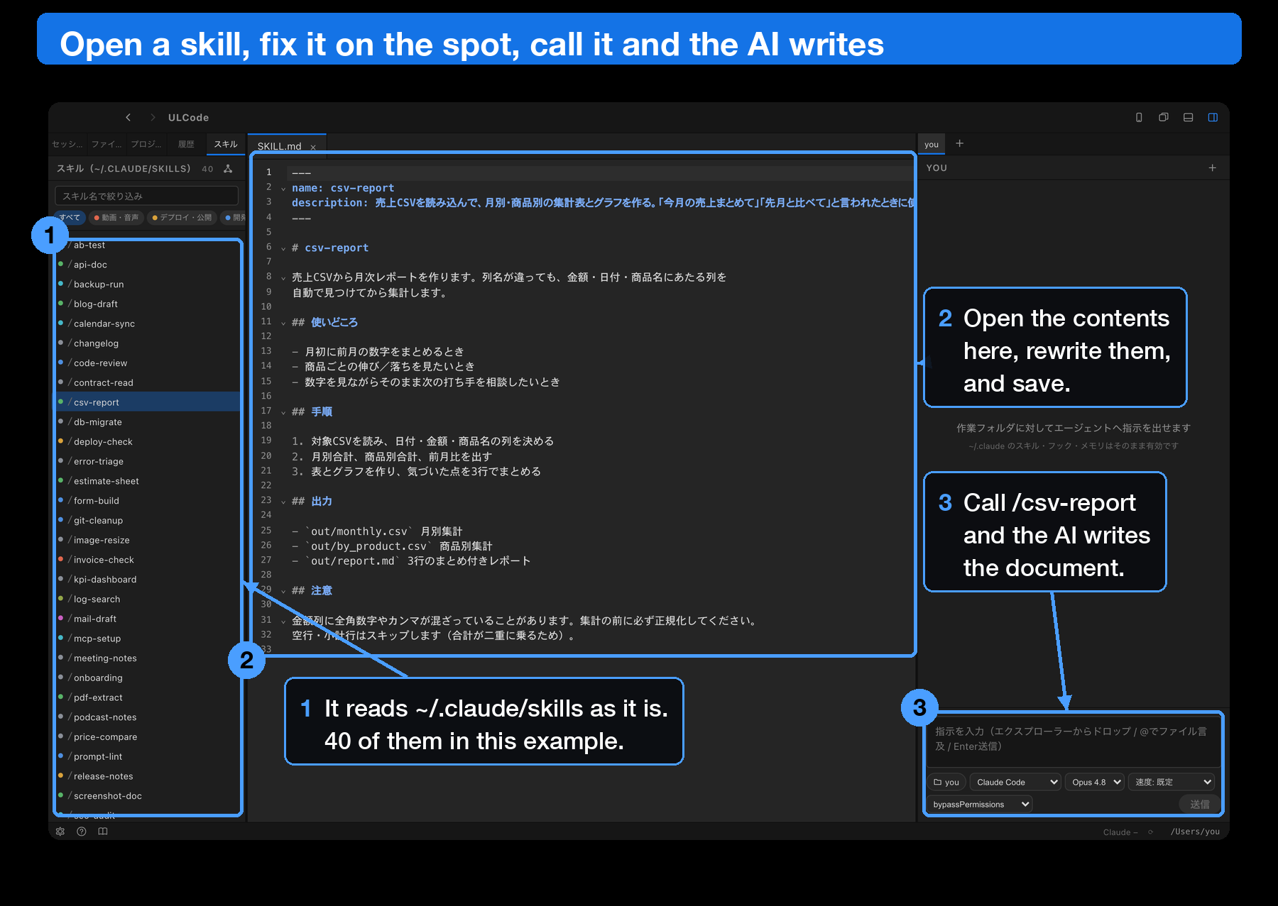 Skill list from ~/.claude/skills with a SKILL.md open in the editor, annotated